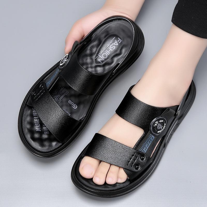 Fashion High End Brand Men's Leather Casual Shoes Lightweight Sandals Summer Beach Men's Beach Shoes Anti Slip Khaki Color Free Delivery
