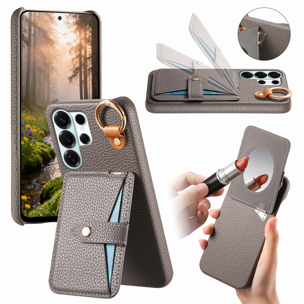 Кожаный чехол-книжка с держателем-кольцом и слотами для карт для Samsung S26 Ultra S25 S24 Plus S23 S22 A17 A07 с зеркалом для макияжа, противоударная подставка