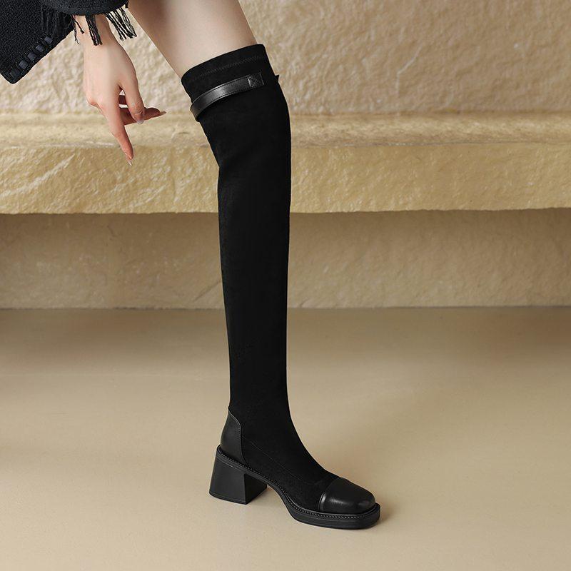 Krazing Pot Осенне-зимняя обувь из микрофибры, эластичные сапоги большого размера с квадратным носком, сохраняющие тепло, на молнии, размер 43, выше колена