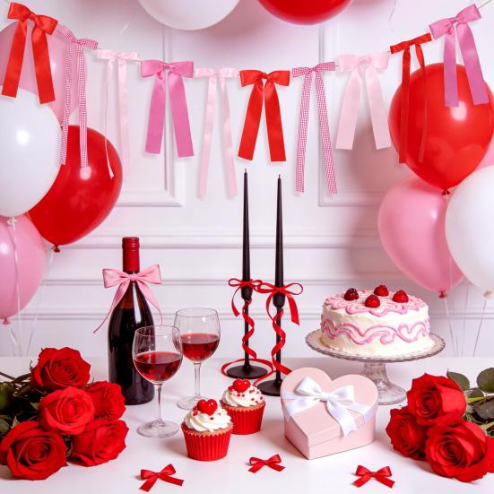 Гирлянда-баннер с бантами ко Дню святого Валентина для девичника, свадьбы, помолвки. Красная и розовая лента. Баннер с бантами для камина, стены, декора комнаты.