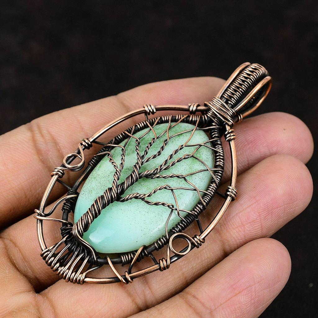 Подвеска из хризопраза «Дерево жизни», обернутая медной проволокой, изумительная подвеска, драгоценный камень, подарок для нее, подарок для девушки, ювелирные изделия из хризопраза