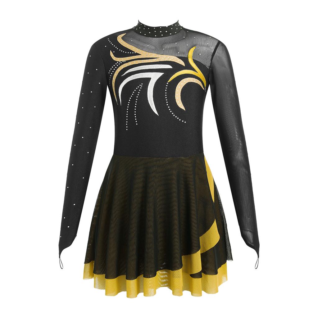 Платье для фигурного катания для девочек с блестящими стразами, прозрачной сеткой и пэчворком, с длинным рукавом для танцевальных выступлений
