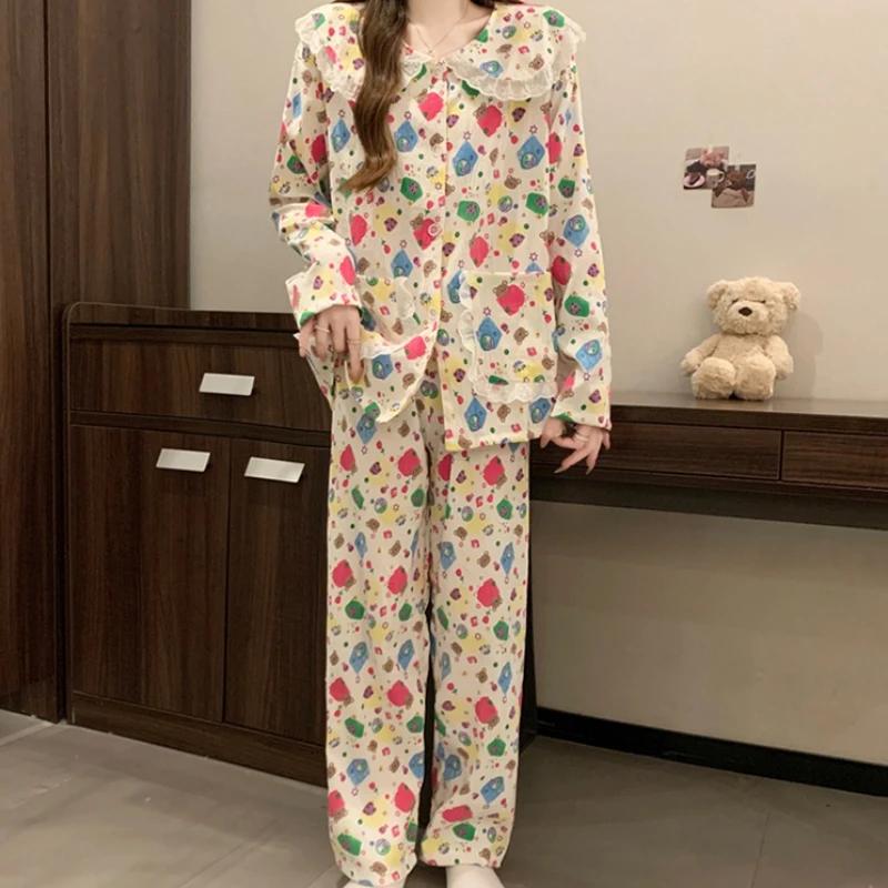 Fashion Colorful Bear Women's Kawaii Pajamas Casual Sweet Cute Cartoon Print Homewear New Spring Cloud Cotton Sleepwear