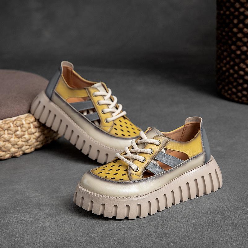 Johnature Сандалии из натуральной кожи разных цветов на толстой подошве в стиле ретро, ​​женские туфли на плоской платформе в римском стиле на шнуровке