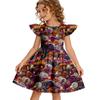 Girls Halloween Casual Round Neck Dress Ruffle Cap Sleeves A-Line Skater Dress Soft Comfortable Fabric Suitable for Daily Wear