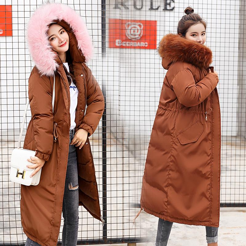 Women Winter Large Fur Collar Down Cotton Padded Jacket Coat Parkas Long Hooded Full Sleeve Zipper Pocket Loose Warm Thick Loose Solid Color