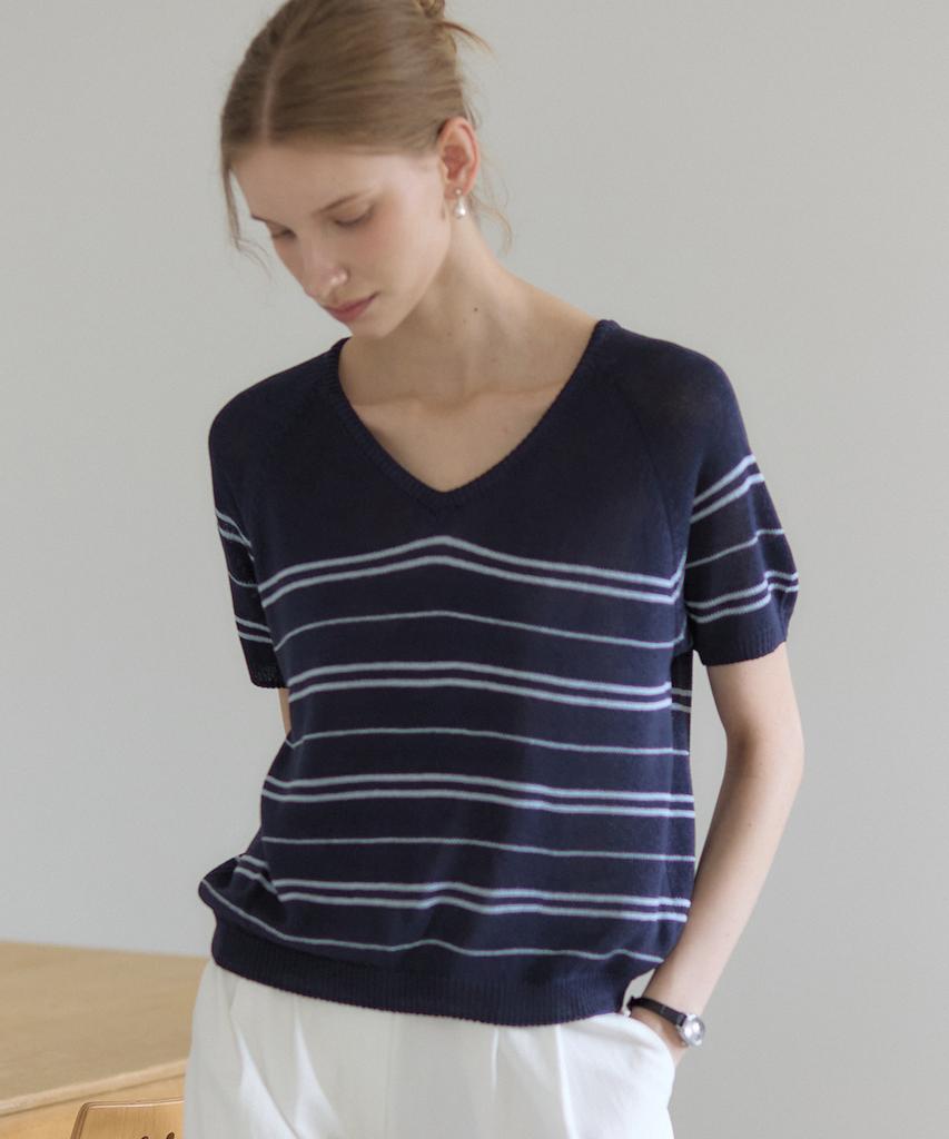 OURHOPE Sheer Linen Striped V-Neck Knit - Navy