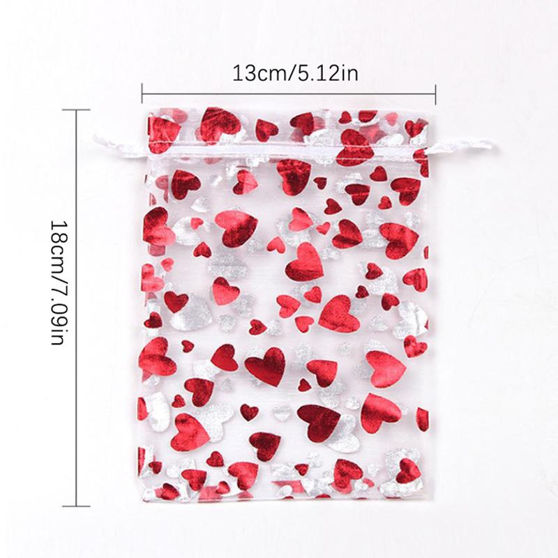 10Pcs Fashionable Red Love Heart Organza Bags Wedding Party Gift Drawstring Bag For Candy,chocolate,small Jewelry And Snacks