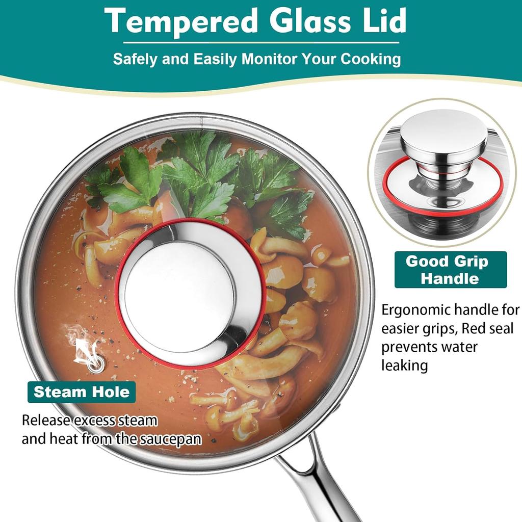 Маленькая кастрюля емкостью 1 кварта, трехслойная кастрюля для молочного соуса из нержавеющей стали со стеклянной крышкой, кухонная индукционная посуда для приготовления тушения, которую можно мыть в посудомоечной машине