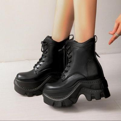Модные панк однотонные черные ботильоны на толстой подошве, массивная платформа, супер высокий каблук, ботинки на шнуровке, модные ботильоны Y2K для увеличения роста