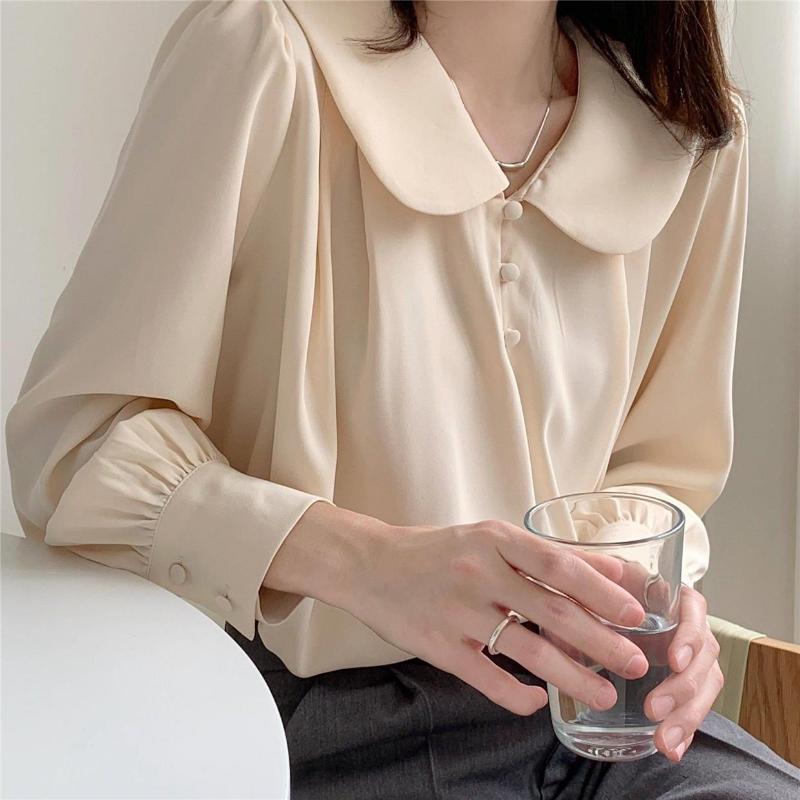 Y2K винтажная шифоновая рубашка для женщин, весна-лето, французская блузка с пышными рукавами, однотонный топ с кукольным воротником, модная женская одежда
