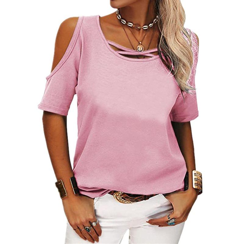 Women Casual Solid Cold Shoulder Loose Short Sleeve T Shirt