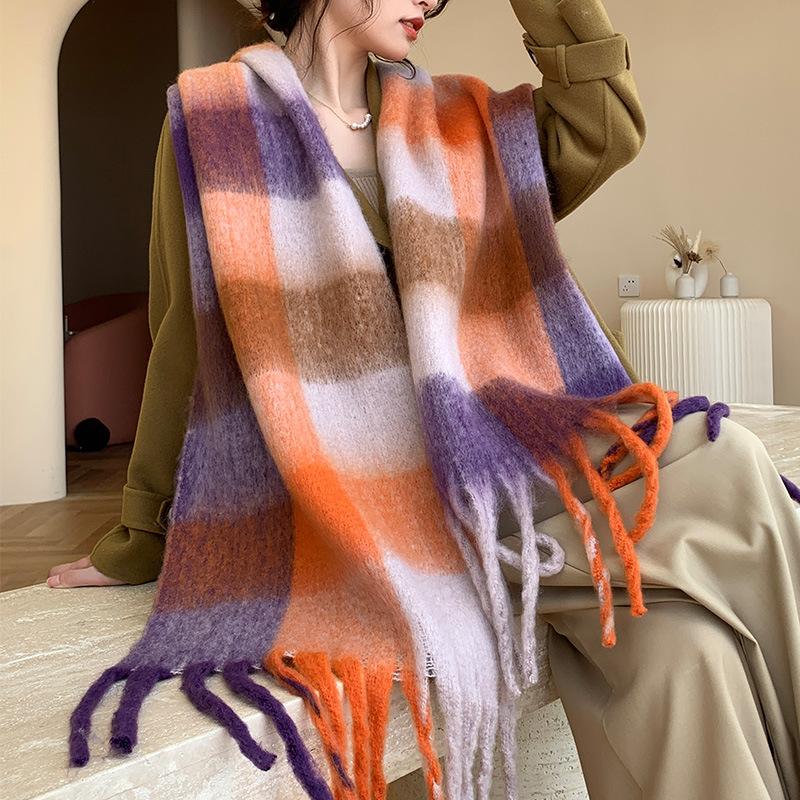 Winter New Scarf Women's Winter Thickened Warm Scarf Colored Plaid Fringed Scarf Shawl Fashionable Outer Cover