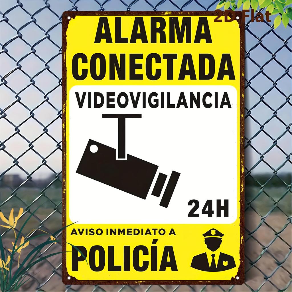 Spanish ALARMA CONECTADA VIDEOVIGILANCIA H POLICIA Metal Security Warning Sign Vintage Surveillance Camera Wall Decor