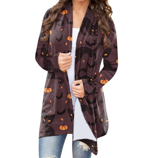 Halloween Jacket Long Sleeve Open Stitch Soft Stylish Cat Printed Pumpkin for Party