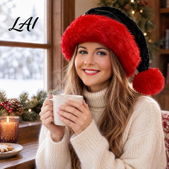 Soft Texture Festive Hat Red Black Santa for Adults Plush Holiday with Fuzzy Faux Fur Trim Christmas Theme Party And Pom Pom Thick Warm Winter