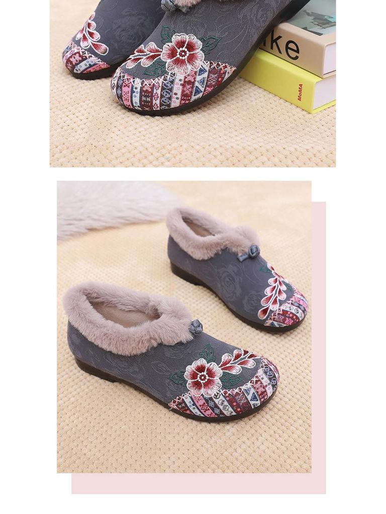 Теплые этнические вышитые хлопковые туфли – Мягкая подошва, меховая подкладка, комфорт для среднего и пожилого возраста