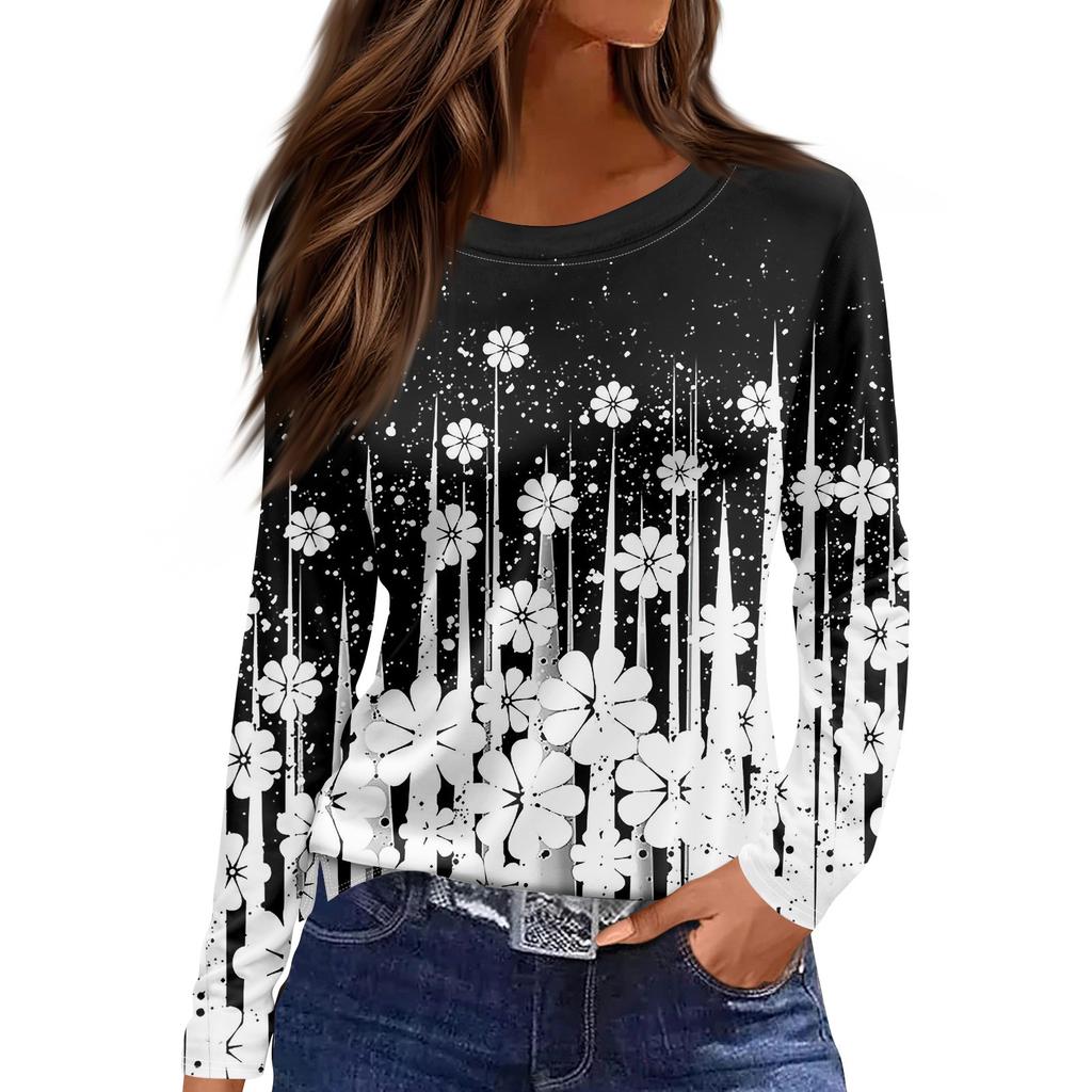 Women's Fashion Casual Slit Hem Round Neck Long Sleeve Loose  Printed T-Shirt Ladies Top