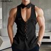 Men Lapel Deep V Neck Sleeveless Bandage Casual Tank Tops 