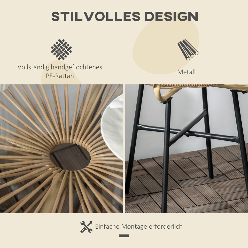 Boho-style garden table. PE rattan. Tempered glass. Weatherproof. 50cm x 50cm x 50cm. Beige
