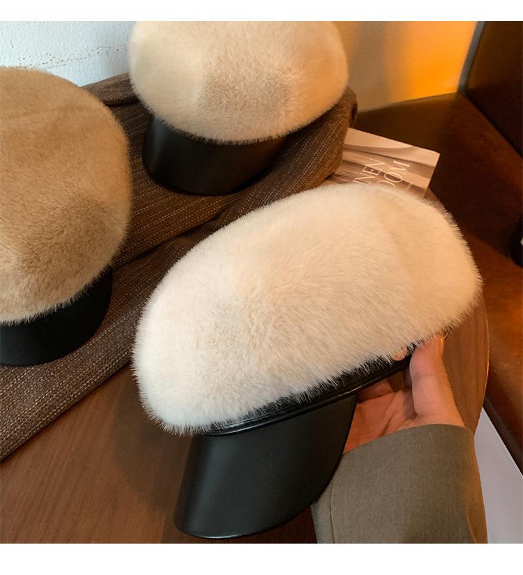 Warm Plush Octagonal Mink Fur Beret Hat Women 's Caps Winter Hats