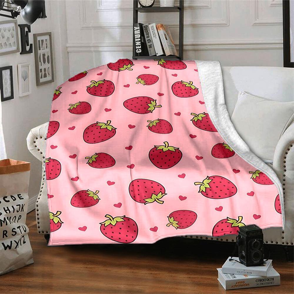 1pc Strawberry Heart Lightweight Flannel Blanket, Comfortable and Warm Blanket, for Office and Camping Sofa Bed037