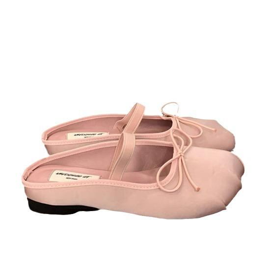 Розовые полушлепанцы с плоским бантом и закрытым носком, женская обувь для носки весной и летом 2024 года, балетки Мэри Джейн