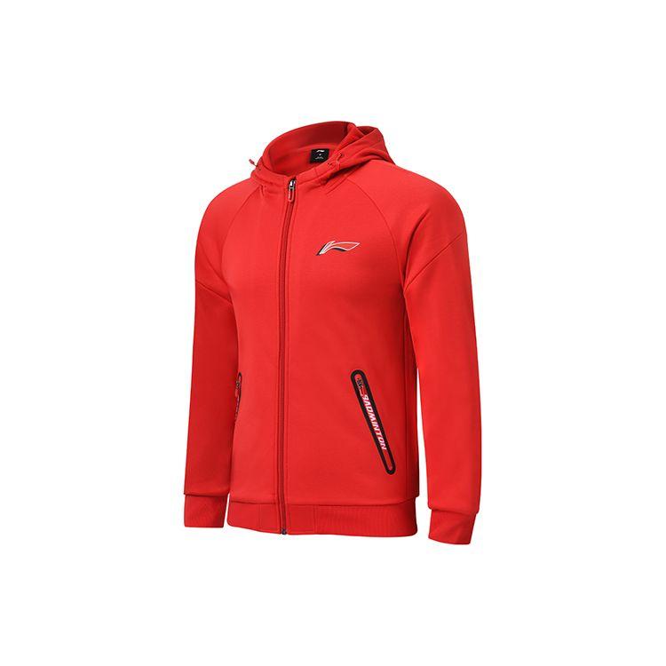 Li Ning Badminton Series Solid Color Logo Print Zipper Fleece Hoodie Men Hoodies Crimson-Red AWDSA03-3