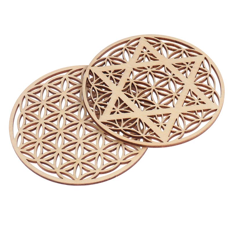 1Pc Creative Chakra Pattern Coaster Wood Flower Of Life Natural Symbol Round