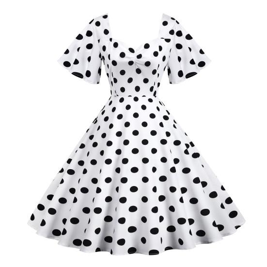 Women Evening Dress Retro Color Matching Dot Print A-line V Neck Big Swing Short Ruffle Sleeves Tight High Waist Back Zipper Party Prom Midi Dress