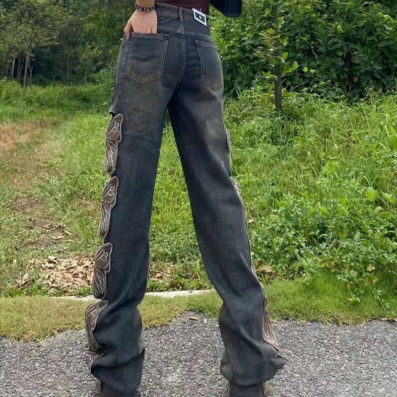 Винтажные модные джинсы с высокой талией, вышитые рваные, свободные, с бабочками, широкие, для женщин