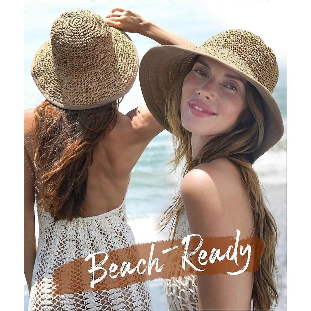 Summer Straw Beach Sun Hats for Women UPF 50 Floppy Wide Brim Travel Bucket Hat Foldable Packable