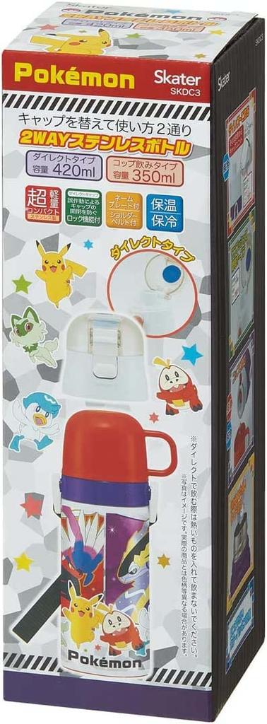 Skater Бутылка для воды из нержавеющей стали, двухсторонняя, для прямого питья, 420 мл, чашка для питья, 350 мл, Pokemon 23N, легкий тип для мальчиков, Pocket Monster, маленькая емкость