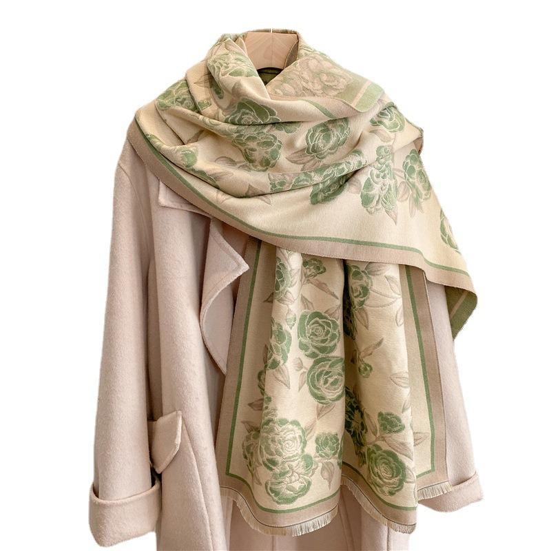 Cute Flower Cashmere Scarf Feel Fringed Shawl Soft Girl Winter Student Scarf Warm Thickened Scarf