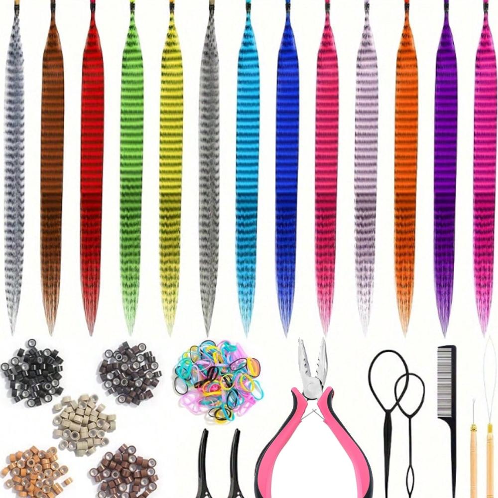 65 Pcs Hair Feathers with Hair Extension Tools, 13 Colors With Micro link Beads And Crochet Hooks Hair Feathers for Women Girls