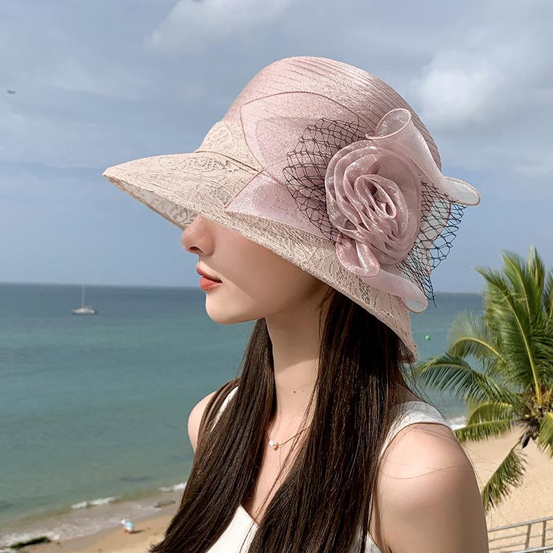 Vintage Elegant Flower Organza Sun Hats Ladies Wedding Party Floppy Church Hat For Women Summer Antiuv Travel Beach Caps