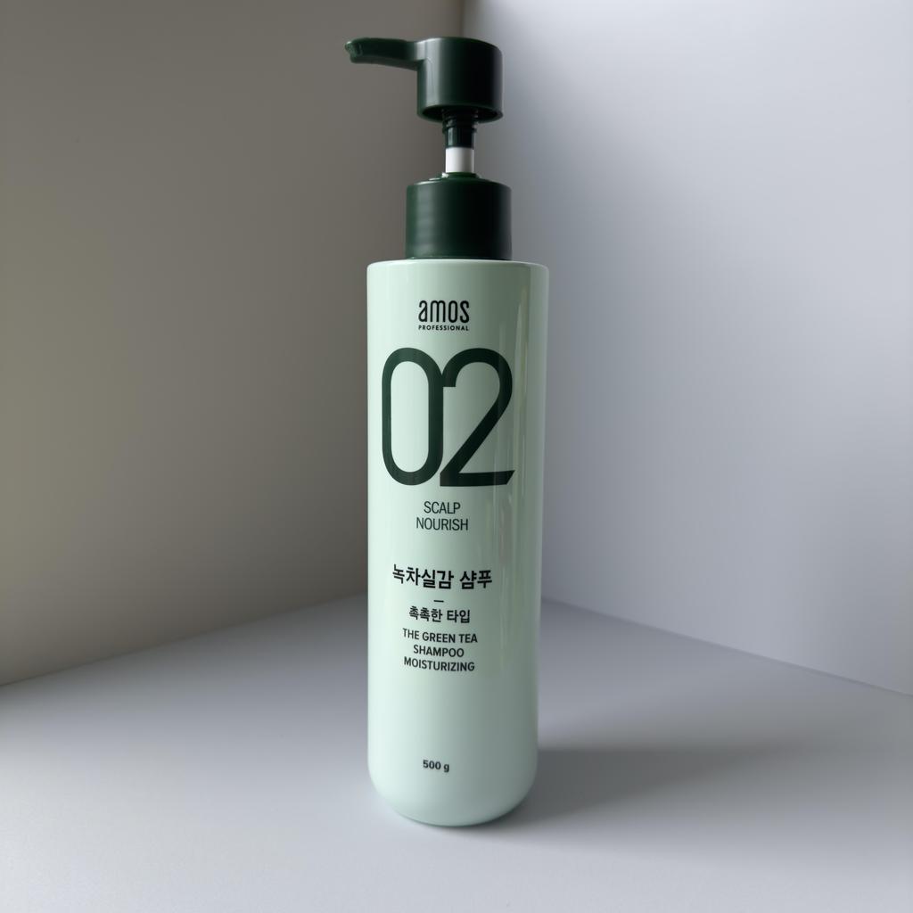 Amos ПРОФЕССИОНАЛЬНЫЙ Корейский увлажняющий шампунь с зеленым чаем для нормальной/сухой кожи головы, 17,6 унций/500 г
