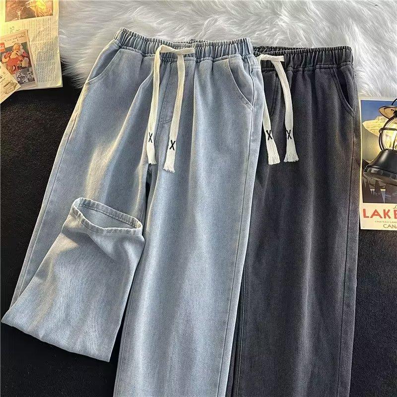 Spring And Autumn Harajuku Hong Kong Style Simple Loose Trend Ins Versatile Casual Drawstring Straight Long Pants Jeans For Men