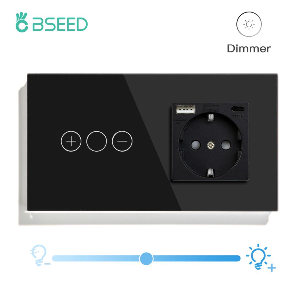 BSEED Touch Dimmer Switches 1gang1way Wall Light Switch LED Dimmer Plus EU Wall socket USB EU Standard Blue Backlight 10A