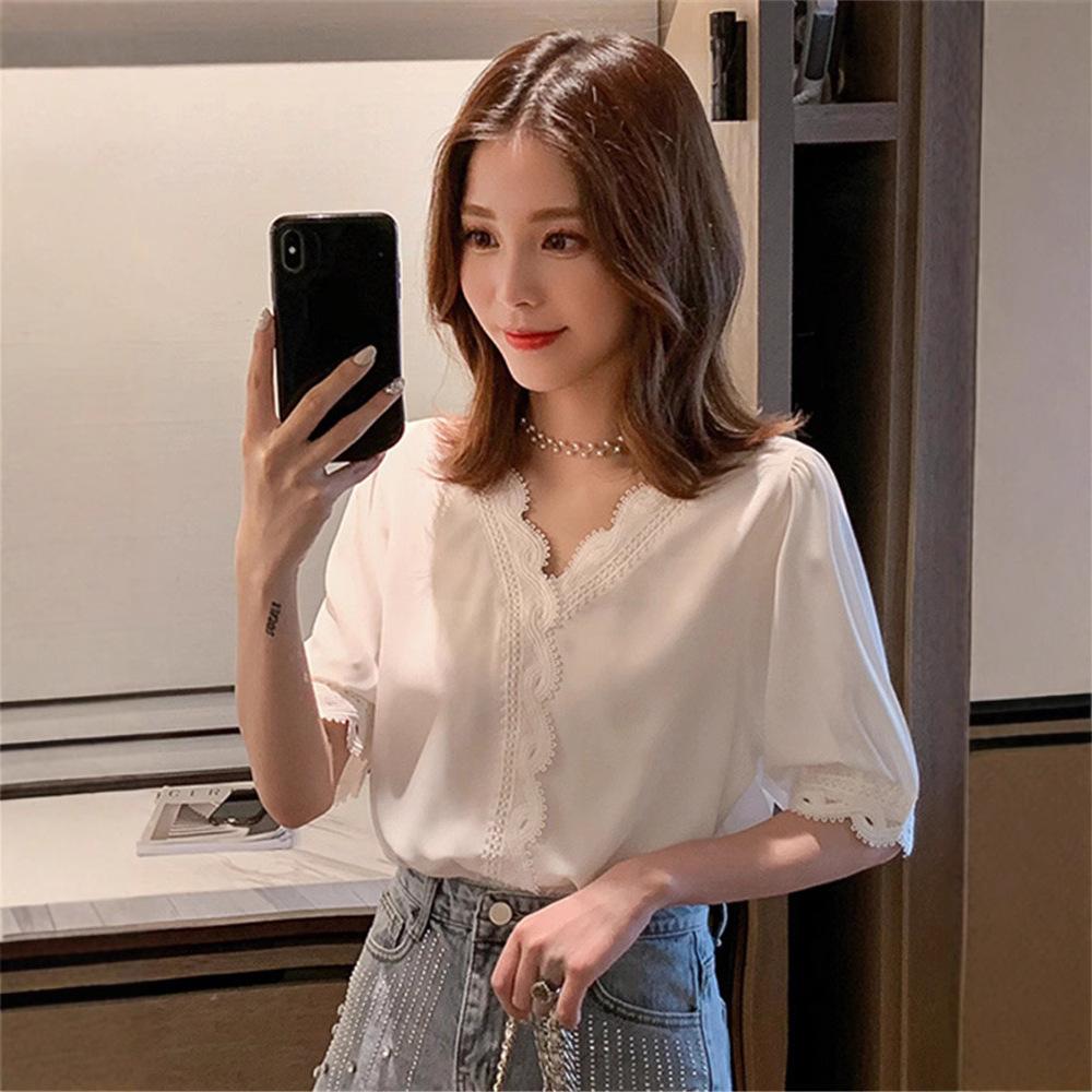 Женская рубашка Удобные и универсальные топы Нарядная белая шифоновая рубашка с коротким рукавом Модная супер сказочная кружевная рубашка Темпераментный элегантный модный топ
