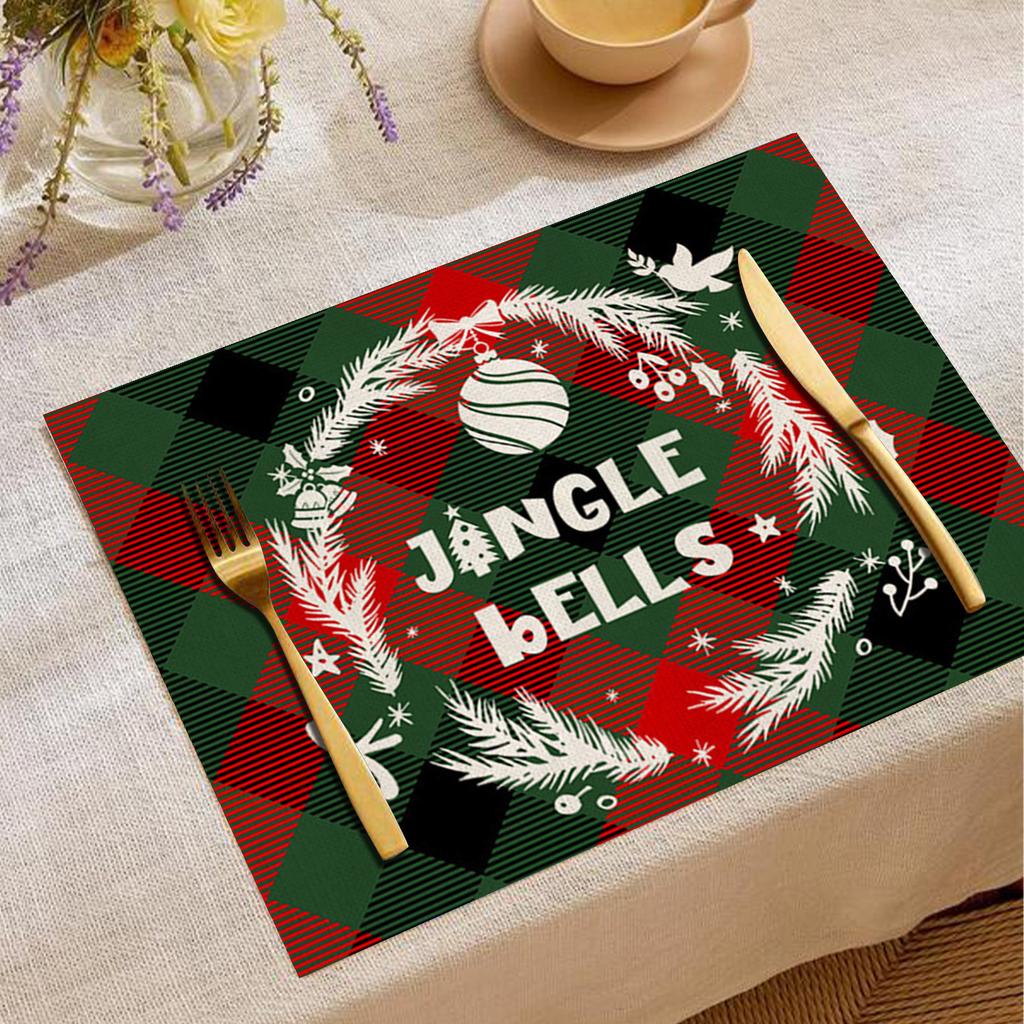 Christmas Xmas Snowflake Table Mat Red Green Plaid Holly Wreath Festive Placemat for Holiday Table Christmas Dinner Party Decor