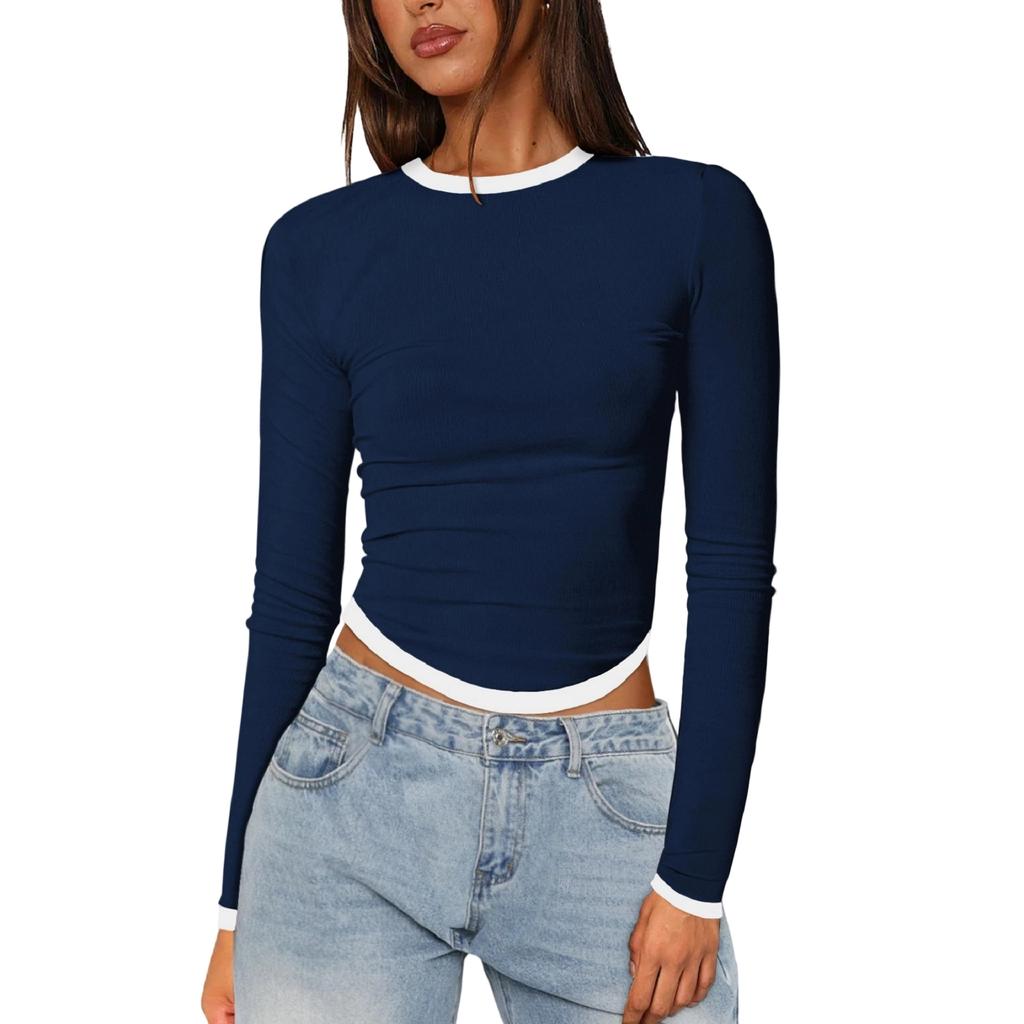 Women's Long-Sleeve  Slim-Fit Color Block Crop Base Layer Top