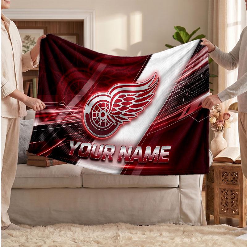 Detroit Red Wings Flannel Blanket, Custom Name Text Personalized Soft Throw Blanket Home Decor Gift