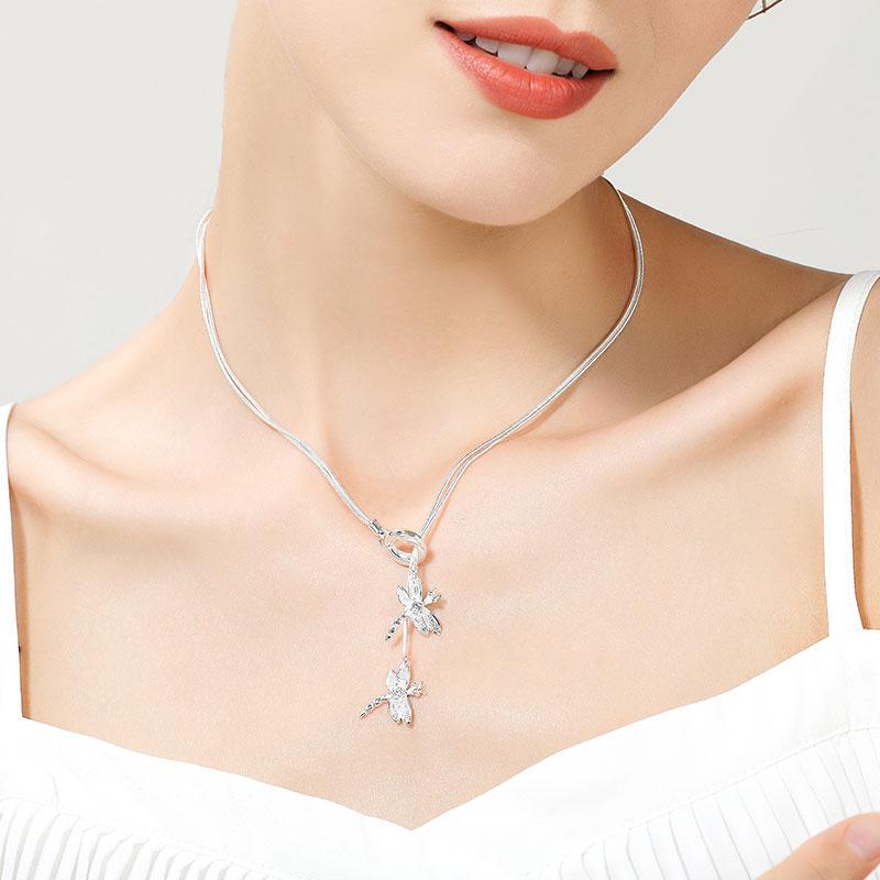 Dragonfly Pendant Necklace 925 Sterling Silver Snake Chain Wedding Jewelry