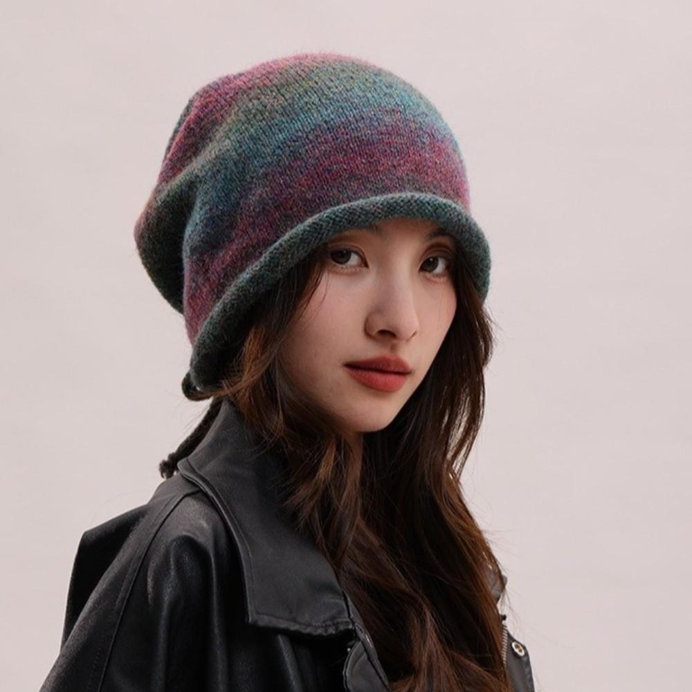 Gradient Color Knitted Stacked Hat Loose Pile Cap Personality Brimless Beanie Cap  Outdoor