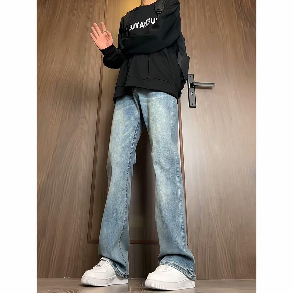 Мужские черные джинсы прямого кроя из американского тяжелого денима - Весенний тренд, Универсальный уличный стиль с микро-клешем.