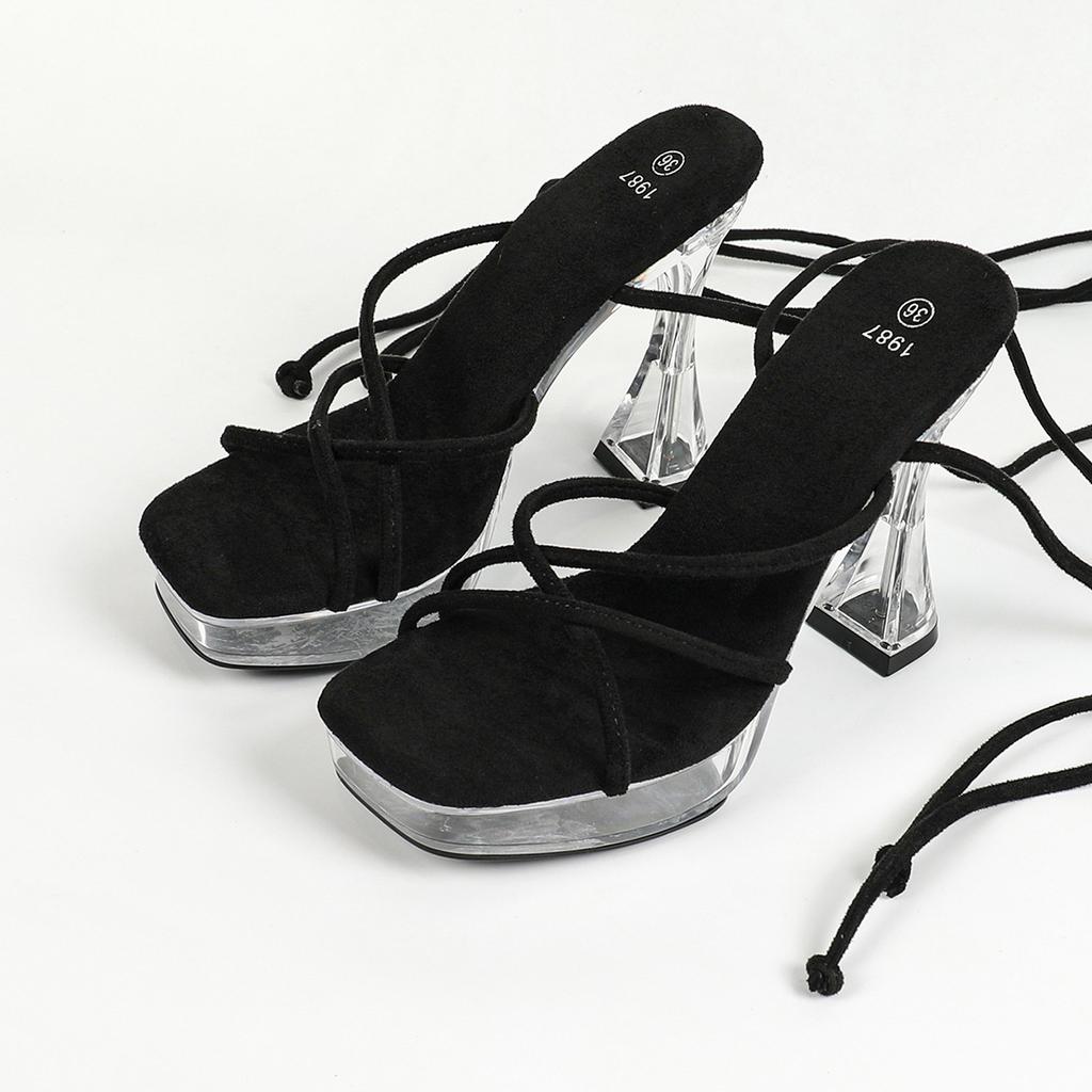 Женские сексуальная модель автомобиля 12 см, модные прозрачные сандалии для ночного клуба на толстом каблуке с квадратной головкой и кристаллами, противоскользящие сандалии с ремешком LFD