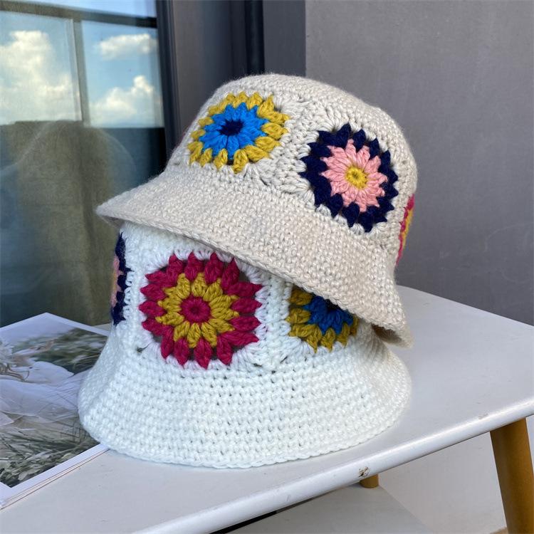 Handmade knitted flower wool hat women's autumn and winter bucket hat versatile ethnic style warm basin hat lady foreign style