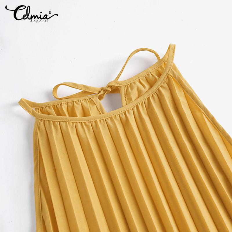 Celmia Летнее тонкое женское модное вечернее мини-платье без рукавов плиссированный сарафан однотонное повседневное свободное короткое платье размера плюс