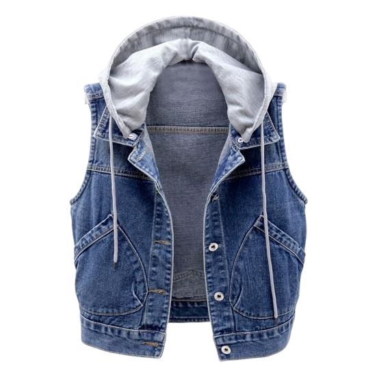 Fall Spring Lady Denim Coat Single-breasted Sleeveless Hooded Pockets Loose Jacket Drawstring Short Type Daily Wear Waistcoat